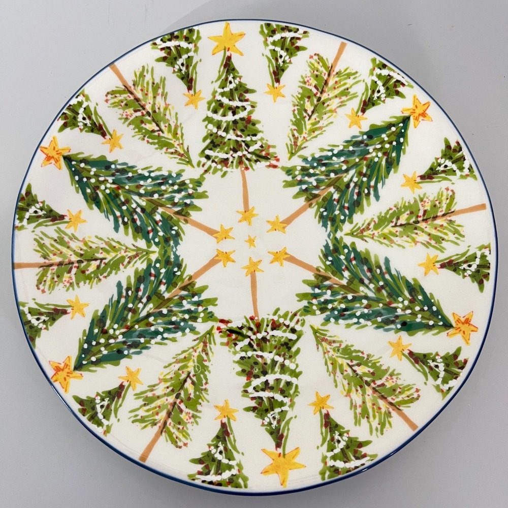 Anthropologie Jolly Dessert Plate vibrant star-topped trees 8.25"